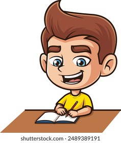 Caucasian boy doing homework vector illustration