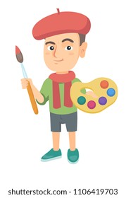 Caucasian boy dressed as an artist holding brush and paints. Little artist wearing hat and scarf and drawing with paints and brush. Vector sketch cartoon illustration isolated on white background.