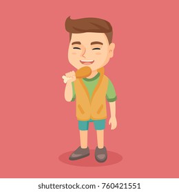 Caucasian boy eating roasted chicken leg with closed eyes. Little boy eating fried chicken leg. Full length of happy child holding a chicken drumstick. Vector cartoon illustration. Square layout.