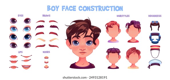 Caucasian boy face construction set isolated on white background. Vector cartoon illustration of male teenager avatar kit, young guy head, color eyes, eyebrows, nose, hairstyle, emotion on lips, hats