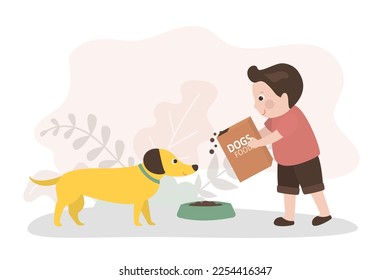 Un niño caucásico está alimentando al perro. Un bebé lindo está vertiendo comida de perro en el bol. El voluntario preescolar da comida para perro. Comida deliciosa y saludable para mascotas. Ilustración vectorial plana