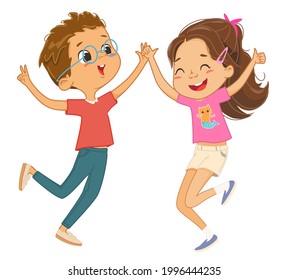 Caucasian boy and girl play together, happily jump and dance. Concept of fun and vibrant moments of childhood. Vector illustrations.