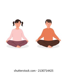 Caucasian boy and girl sitting on floor in cross legged position and meditating. Children or teens doing yoga exercise. Meditation lesson in school concept. Vector flat isolated illustration.