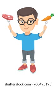 Caucasian boy in glasses holding forks with organic carrot and steak. Full length of little boy with carrot and meat steak in hands. Vector sketch cartoon illustration isolated on white background.