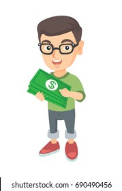 Caucasian boy in glasses holding money in hands. Full length of smiling little boy with dollar money banknotes. Vector sketch cartoon illustration isolated on white background.