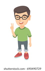 Caucasian boy in glasses showing victory gesture. Little boy showing victory sign with two fingers. Vector sketch cartoon illustration isolated on white background.