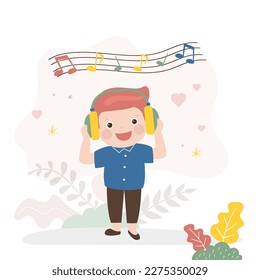 Caucasian boy in headphones listens to music. Cute kid enjoy good sounds and online streaming. Musical online application, preschooler boy listens to podcast. Happy child full body. flat vector