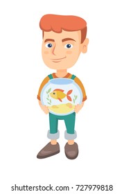 Caucasian boy holding aquarium with goldfish. Full length of smiling little boy holding bowl with pet fish. Vector sketch cartoon illustration isolated on white background.