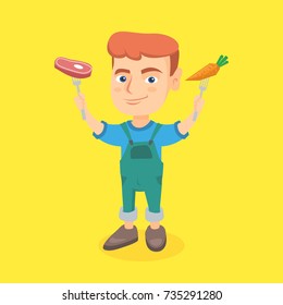 Caucasian boy holding forks with organic carrot and steak. Full length of little boy with fresh carrot and meat steak in hands. Vector cartoon illustration. Square layout.