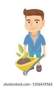 Caucasian boy pushing wheelbarrow with soil and plant. Little boy pulling wheelbarrow full of soil with plant. Vector sketch cartoon illustration isolated on white background.