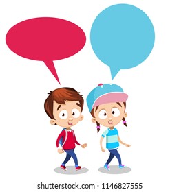 Caucasian boy in red sweater and with backpack and girl with pigtails, in cap and in blue t-shirt are going to school enthusiastically talking. Colorful illustration of persons on white background