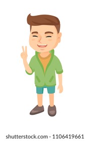 Caucasian boy showing victory gesture. Little boy showing victory sign with two fingers. Vector sketch cartoon illustration isolated on white background.