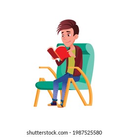 caucasian boy sitting in cozy armchair reading book cartoon vector. caucasian boy sitting in cozy armchair reading book character. isolated flat cartoon illustration