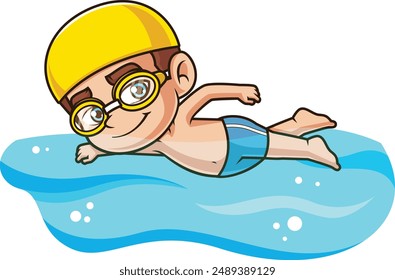 Caucasian boy swimming vector illustration