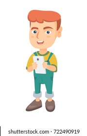 Caucasian boy using a smartphone. Little boy with smartphone. Boy addicted to his smartphone. Smiling boy playing game on mobile phone. Vector sketch cartoon illustration isolated on white background.