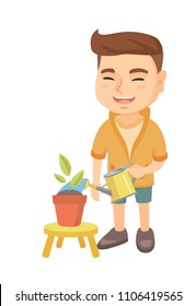 Caucasian Boy Watering Plant Watering Can Stock Vector (Royalty Free ...