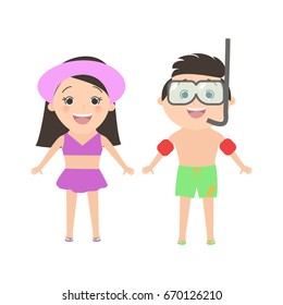 Caucasian boy wearing a mask for snorkeling and a girl. cartoon Vector