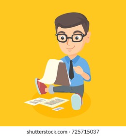 Caucasian boy working with a business document. Boy in glasses verifying a business document. Boy holding a clipboard with a business document. Vector cartoon illustration. Square layout.