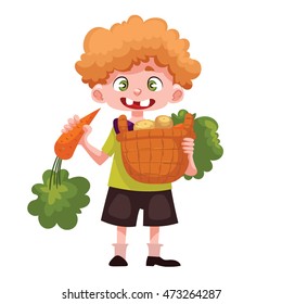 Caucasian boystanding and holding baskets of freshly harvested fruits and vegetables, cartoon style vector illustration isolated on white background. Happy childgardening concept