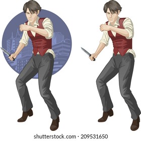Caucasian brawling man retro styled cartoon chacacter with colored lineart