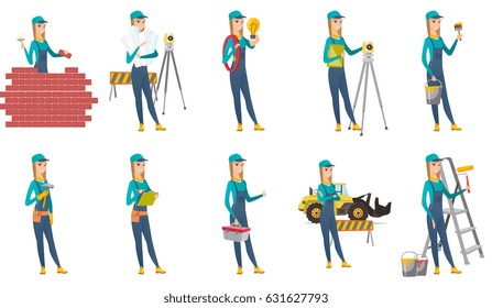 Caucasian bricklayer in uniform at work. Bicklayer working with spatula and brick on construction site. Bricklayer building wall. Set of vector flat design illustrations isolated on white background