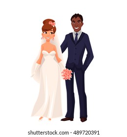 Caucasian bride and African groom, just married couple, cartoon vector illustration isolated on white background. 