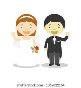 Caucasian bride and oriental bridegroom Interracial newlywed couple in cartoon style Vector illustration