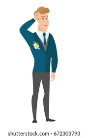 Caucasian bridegroom laughing. Young bridegroom laughing with hands on his head. Bridegroom laughing with closed eyes and open mouth. Vector flat design illustration isolated on white background.
