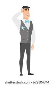 Caucasian bridegroom laughing. Young bridegroom laughing with hands on his head. Bridegroom laughing with closed eyes and open mouth. Vector flat design illustration isolated on white background.