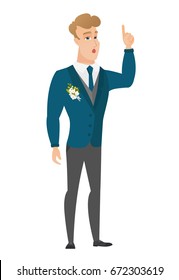 Caucasian bridegroom with open mouth pointing finger up. Full length of young bridegroom with open mouth came up with successful idea. Vector flat design illustration isolated on white background.