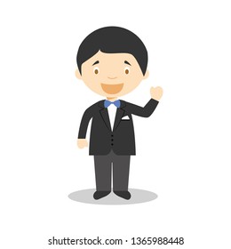 Caucasian bridegroom wearing a black suit in cartoon style Vector Illustration