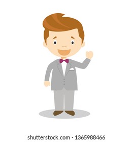 Caucasian bridegroom wearing a grey suit in cartoon style Vector Illustration