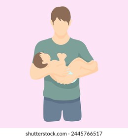 Caucasian brown haired man stands carefully holding his baby in a diaper. simple vector style in realistic silhouette without face. half height portrait