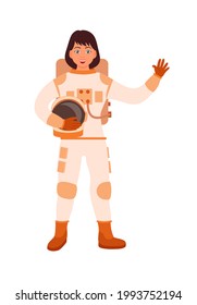 Caucasian brunette woman astronaut on white background
