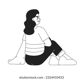 Caucasian brunette woman sitting leisurely monochromatic flat vector character. Fun weekend. Positive rest. Editable line full body person on white. Simple bw cartoon spot image for web graphic design