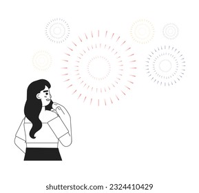 Caucasian brunette woman watching fireworks monochromatic flat vector character. America labor day. Editable line half body person on white. Simple bw cartoon spot image for web graphic design