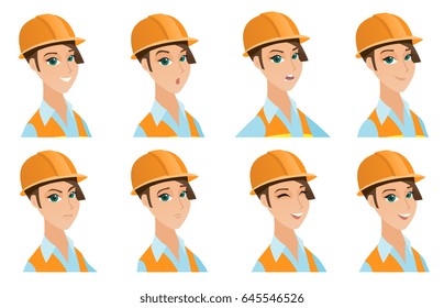 Caucasian builder in hard hat laughing with open mouth. Portrait of young female builder laughing. Set of builder with different emotions. Vector flat design illustrations isolated on white background