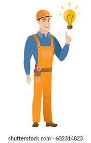 Caucasian builder in hard hat pointing at bright idea light bulb. Full length of builder having a creative idea. Successful idea concept. Vector flat design illustration isolated on white background.