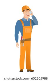 Caucasian builder in hard hat talking on a mobile phone. Young smiling builder talking on cell phone. Happy builder using cell phone. Vector flat design illustration isolated on white background.