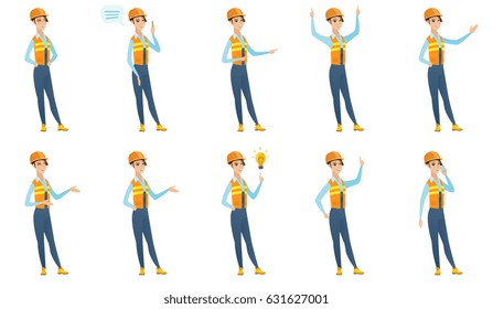 Caucasian builder in hard hat talking on a cell phone. Young smiling builder talking on cell phone. Builder using cell phone. Set of vector flat design illustrations isolated on white background.