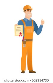 Caucasian builder holding a certificate. Full length of young builder with certificate. Builder showing certificate and giving thumb up. Vector flat design illustration isolated on white background.