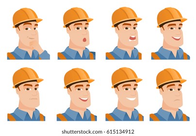 Caucasian builder laughing with open mouth. Portrait of young surprised builder with opened mouth. Set of builder with different emotions. Vector flat design illustrations isolated on white background