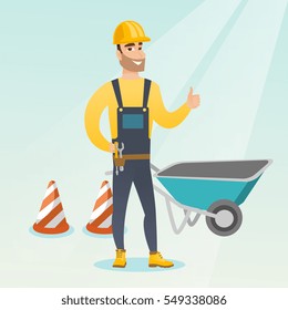 Caucasian builder with thumb up standing near wheelbarrow and traffic cones. Builder in hard hat giving thumb up. Builder at work on construction site. Vector flat design illustration. Square layout.