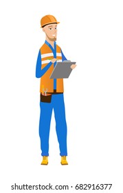 Inspector de construcción caucásico haciendo algunas notas en el portapapeles. Largo y largo de un joven inspector de edificios con uniforme y sombrero duro en el trabajo. Ilustración de diseño plana vectorial aislada en fondo blanco.