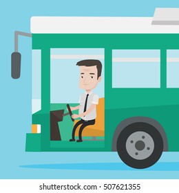 Caucasian bus driver sitting at steering wheel. Bus driver driving passenger bus. Bus driver driving intercity bus. Bus driver in drivers seat in cab. Vector flat design illustration. Square layout.