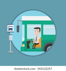 Caucasian bus driver sitting at steering wheel. Bus driver driving passenger motorbus. An adult bus driver in drivers seat in cab. Vector flat design illustration in the circle isolated on background.