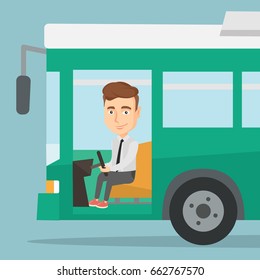 Caucasian bus driver sitting at steering wheel. Bus driver driving passenger bus. Bus driver in drivers seat in cab. Vector flat design illustration. Square layout.