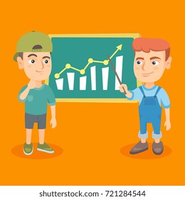 Caucasian business boy pointing at the chart on the board and his business partner looking at the board. Kids analyzing business chart on the board. Vector cartoon illustration. Square layout.