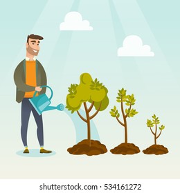 Caucasian business investor watering trees of three sizes. Business investor watering plants with watering can. Business growth and investment concept. Vector flat design illustration. Square layout.