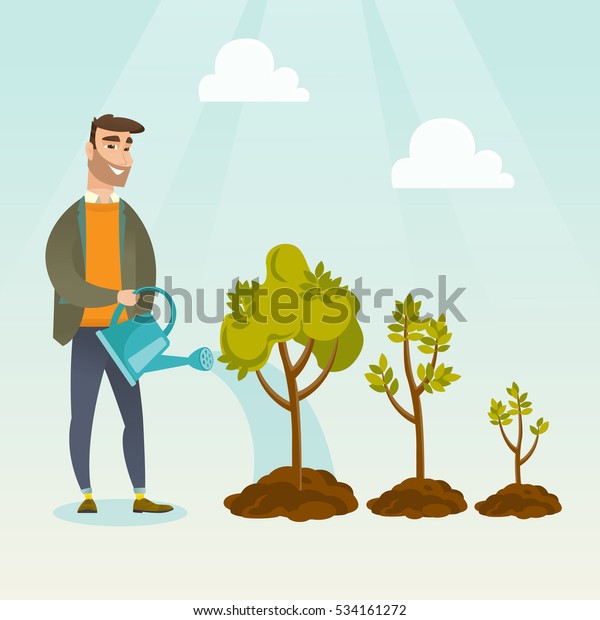 Caucasian business investor watering trees of\
three sizes. Business investor watering plants with watering can.\
Business growth and investment concept. Vector flat design\
illustration. Square\
layout.